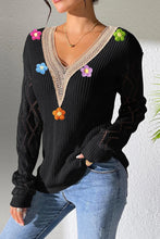 Load image into Gallery viewer, Black Crochet Flower V Neck Pullover Sweater
