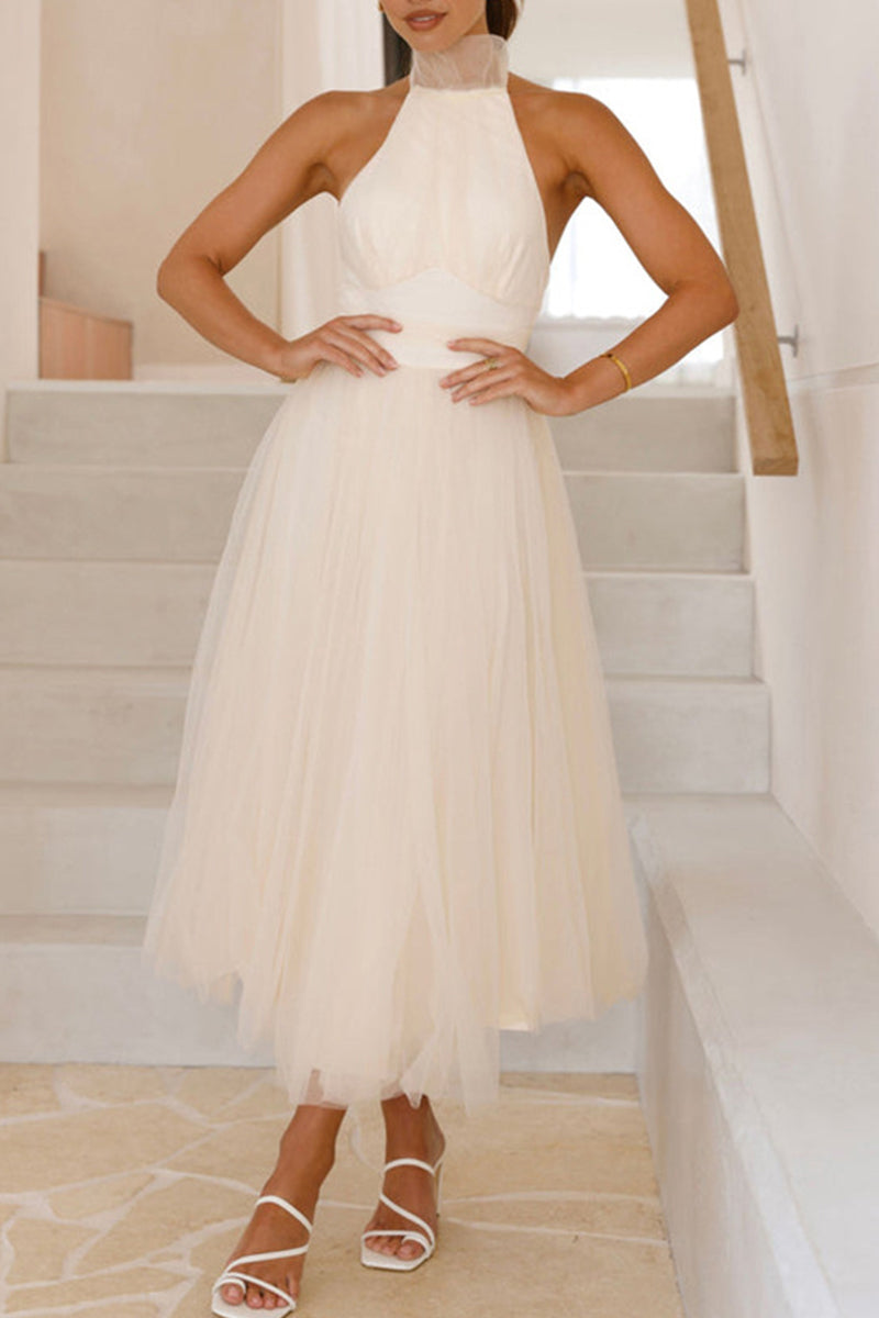 Beige Sexy Lace Up Backless Halter Princess Tulle Midi Dress