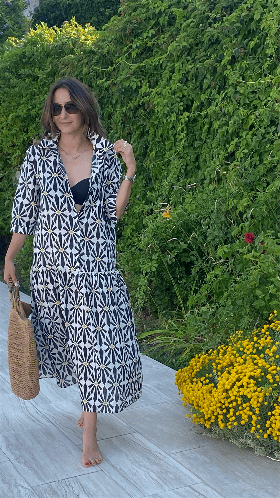 Black and White Print Long Sleeves Midi Dress