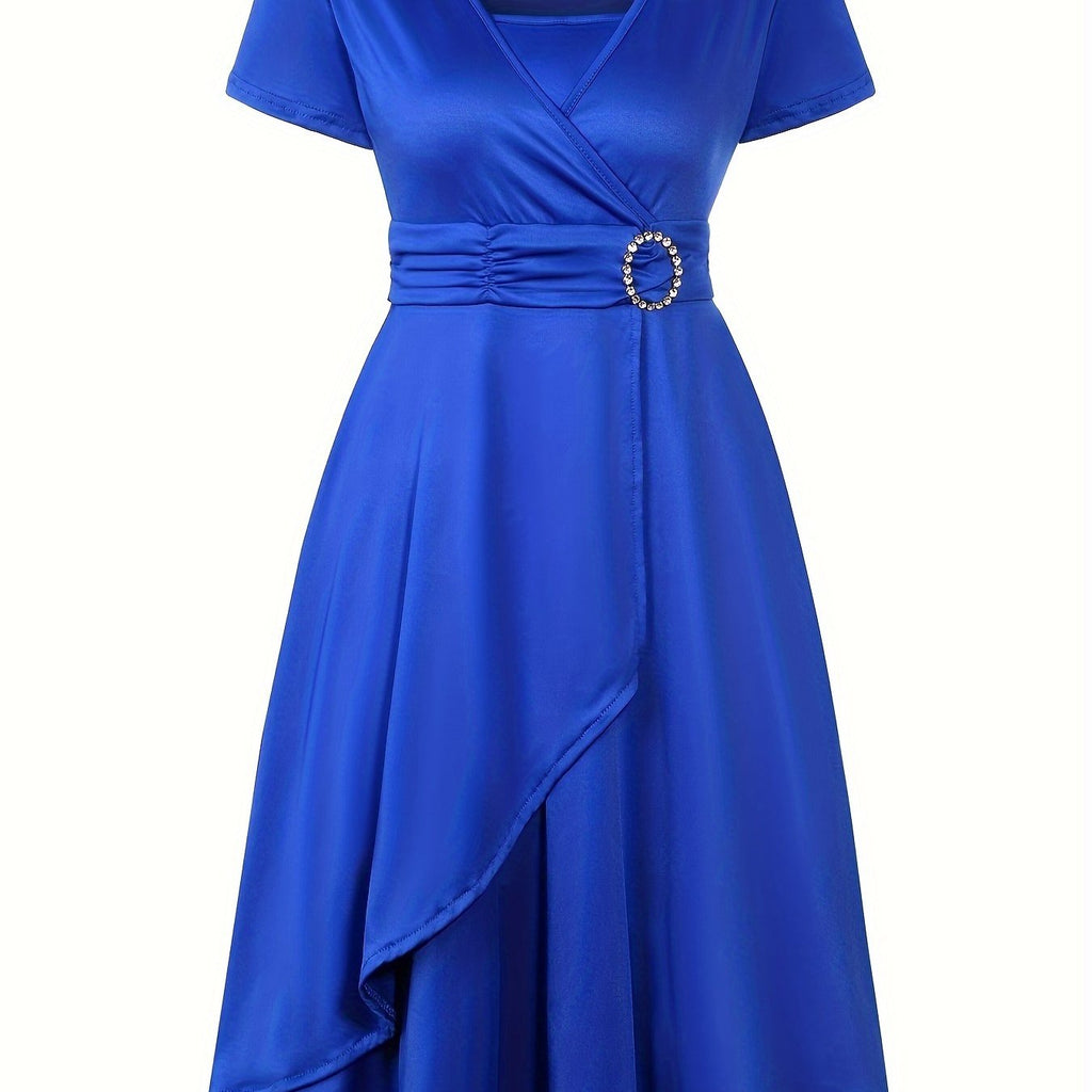 Elegant  V-Neck Asymmetrical Ruffled Midi Dress