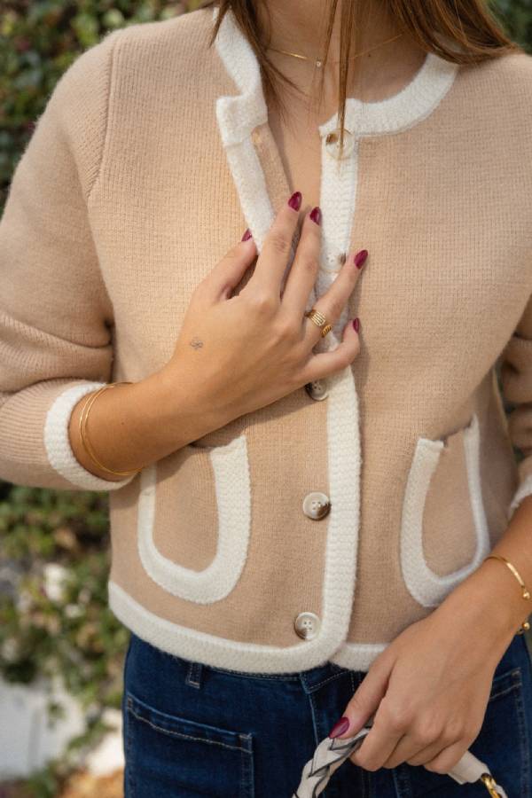 Casual Beige Pockets Color Block Cardigan