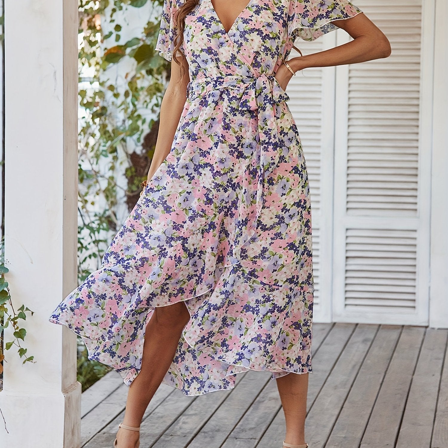 Floral V Neck Short Sleeve Ruffle Midi Dress