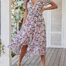 Load image into Gallery viewer, Floral V Neck Short Sleeve Ruffle Midi Dress
