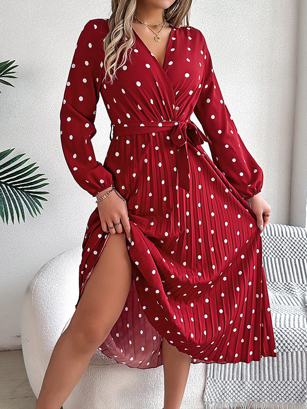 Classic V-neck Long Sleeves Polka Dots Print Midi Dress