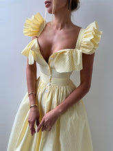 Load image into Gallery viewer, Striped Flutter Sleeves Single Buttons Down Breasted Midi Dress
