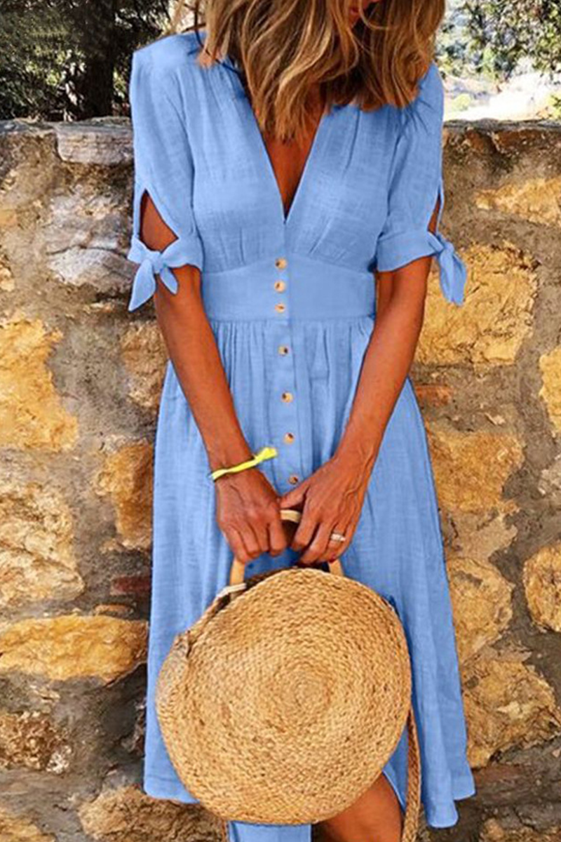 Casual Elegant Buckle Knotted V Neck Buttons Down Midi Dress