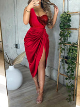Load image into Gallery viewer, Elegant Spaghetti Strap Ruched Irregular Split Side Midi Dress
