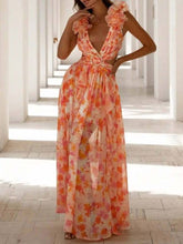 Load image into Gallery viewer, Pink Floral Deep V-neck High Split Ruffled Maxi Dress
