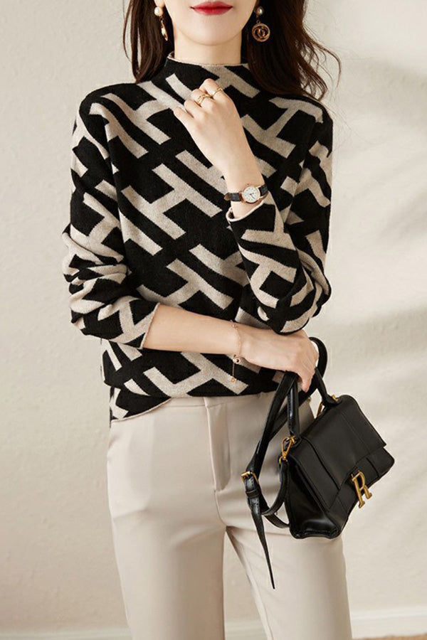 Casual Letter Jacquard Half Neck Sweater