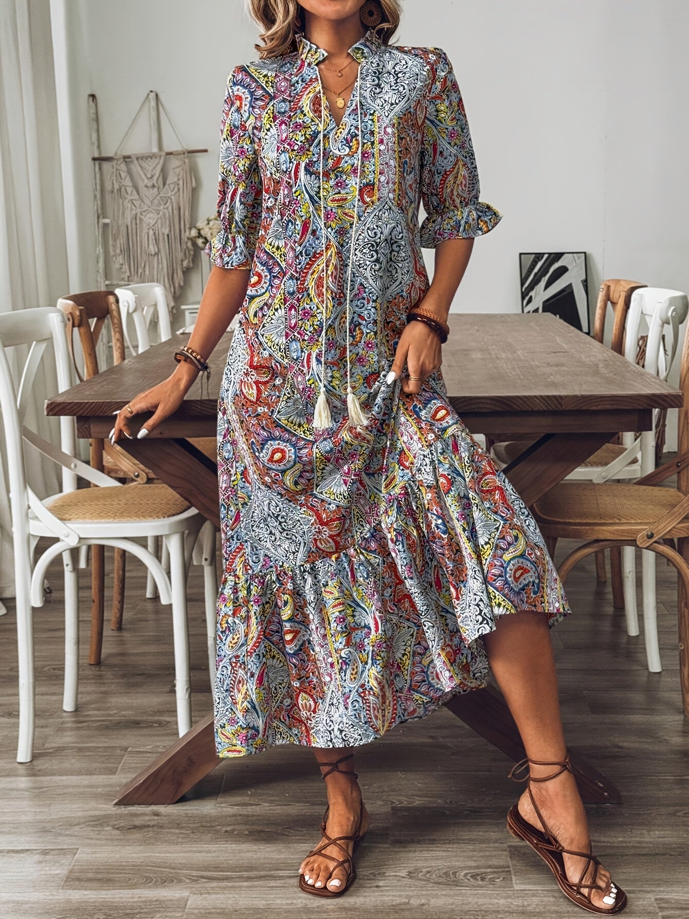 Elegant Boho Paisley Print Half Sleeves Ruffled Trimmed Midi Dress
