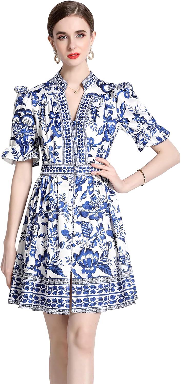 Elegant Button Up Short Puff Sleeve V-Neck Floral Print Split Casual Mini Dress