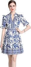 Load image into Gallery viewer, Elegant Button Up Short Puff Sleeve V-Neck Floral Print Split Casual Mini Dress
