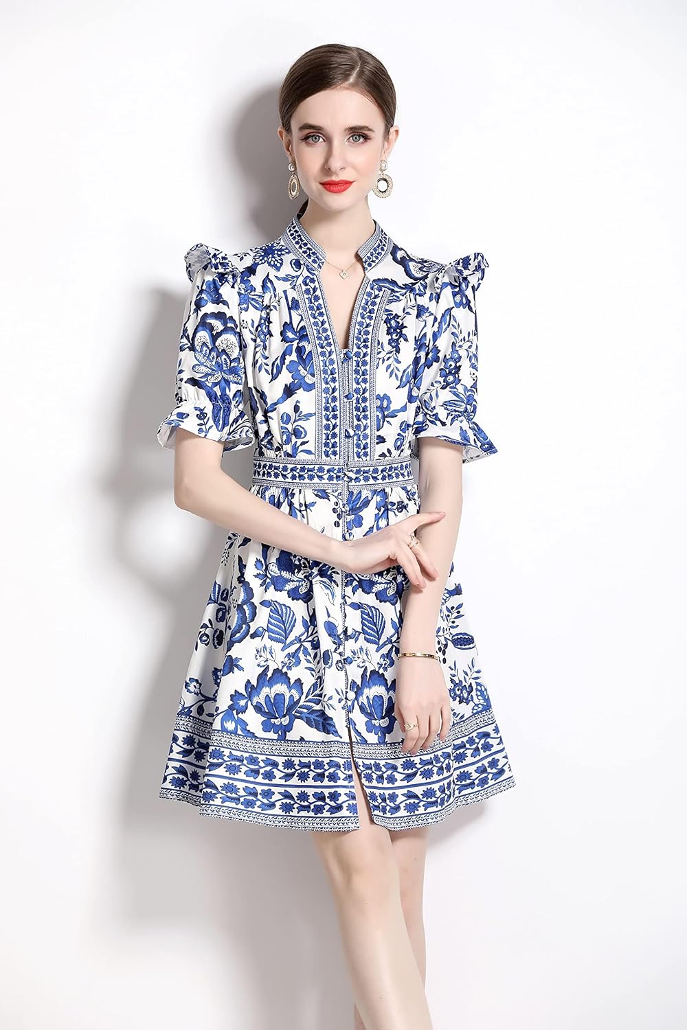Elegant Button Up Short Puff Sleeve V-Neck Floral Print Split Casual Mini Dress