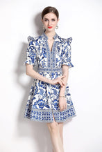 Load image into Gallery viewer, Elegant Button Up Short Puff Sleeve V-Neck Floral Print Split Casual Mini Dress
