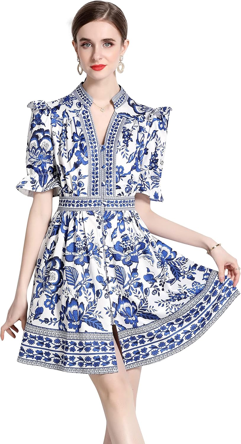 Elegant Button Up Short Puff Sleeve V-Neck Floral Print Split Casual Mini Dress