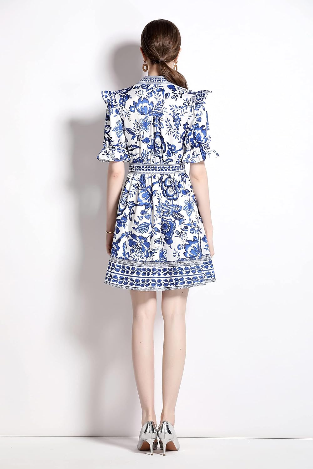 Elegant Button Up Short Puff Sleeve V-Neck Floral Print Split Casual Mini Dress