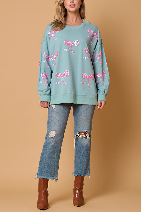 Bow Sequin Casual Loose Long Sleeve Sweatshirt