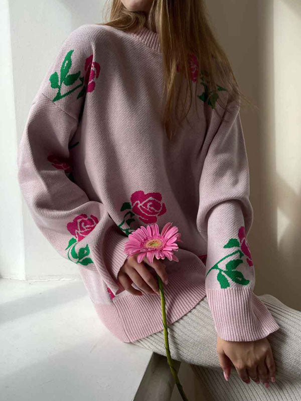 Cute Round Neck Rose Print Long Sleeves Sweater