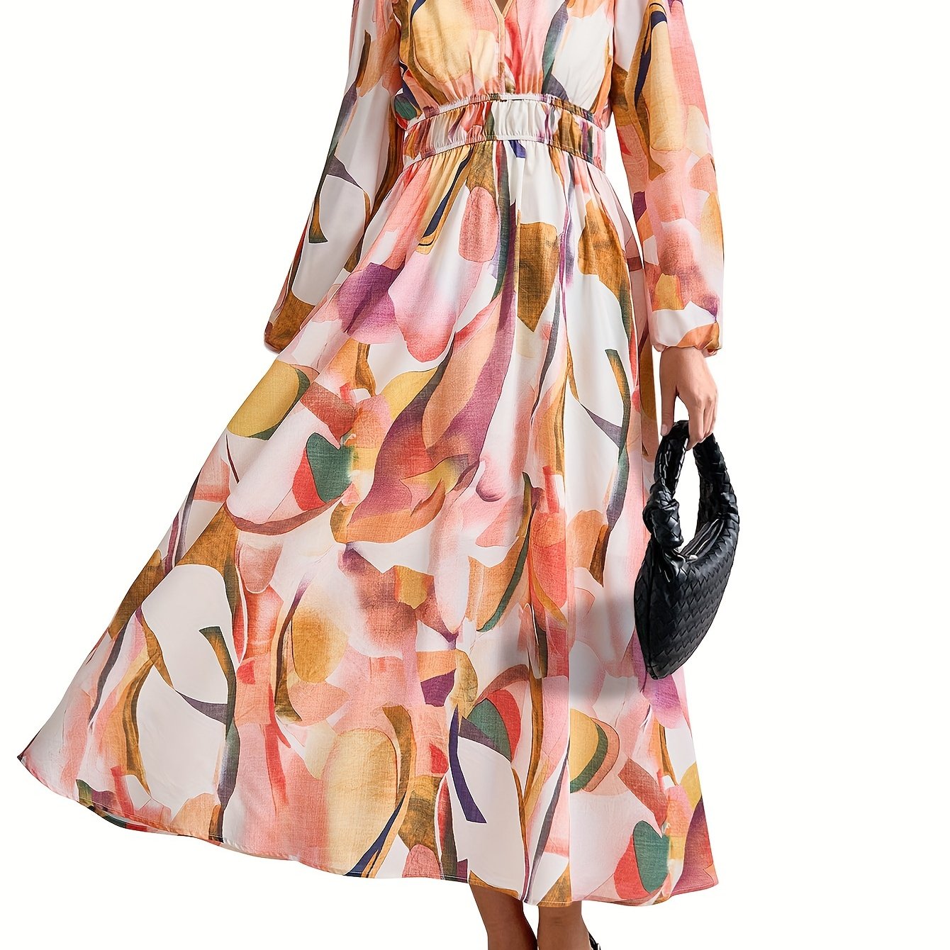 Casual Floral V Neck Long Sleeve Dress