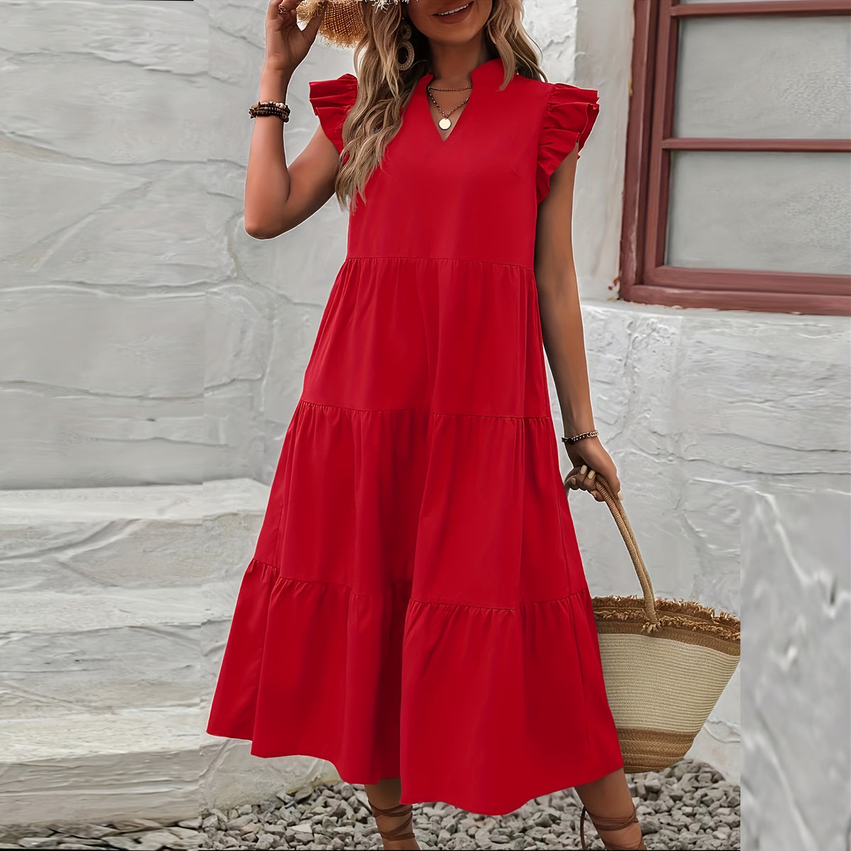 Elegant V-Neck Flutter Sleeves Tiered Swing Midi Dress