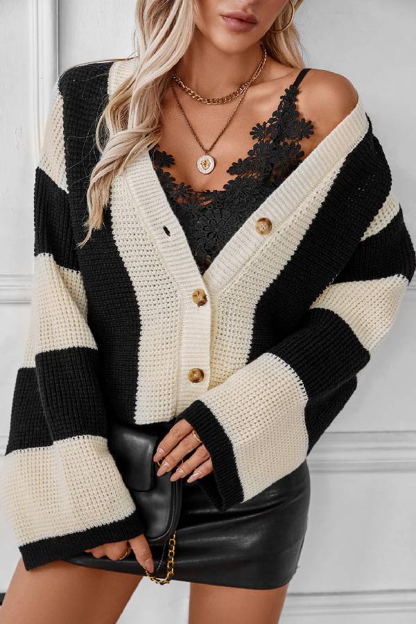 Contrast Striped Casual Loose Women's Knitted Cardigan
