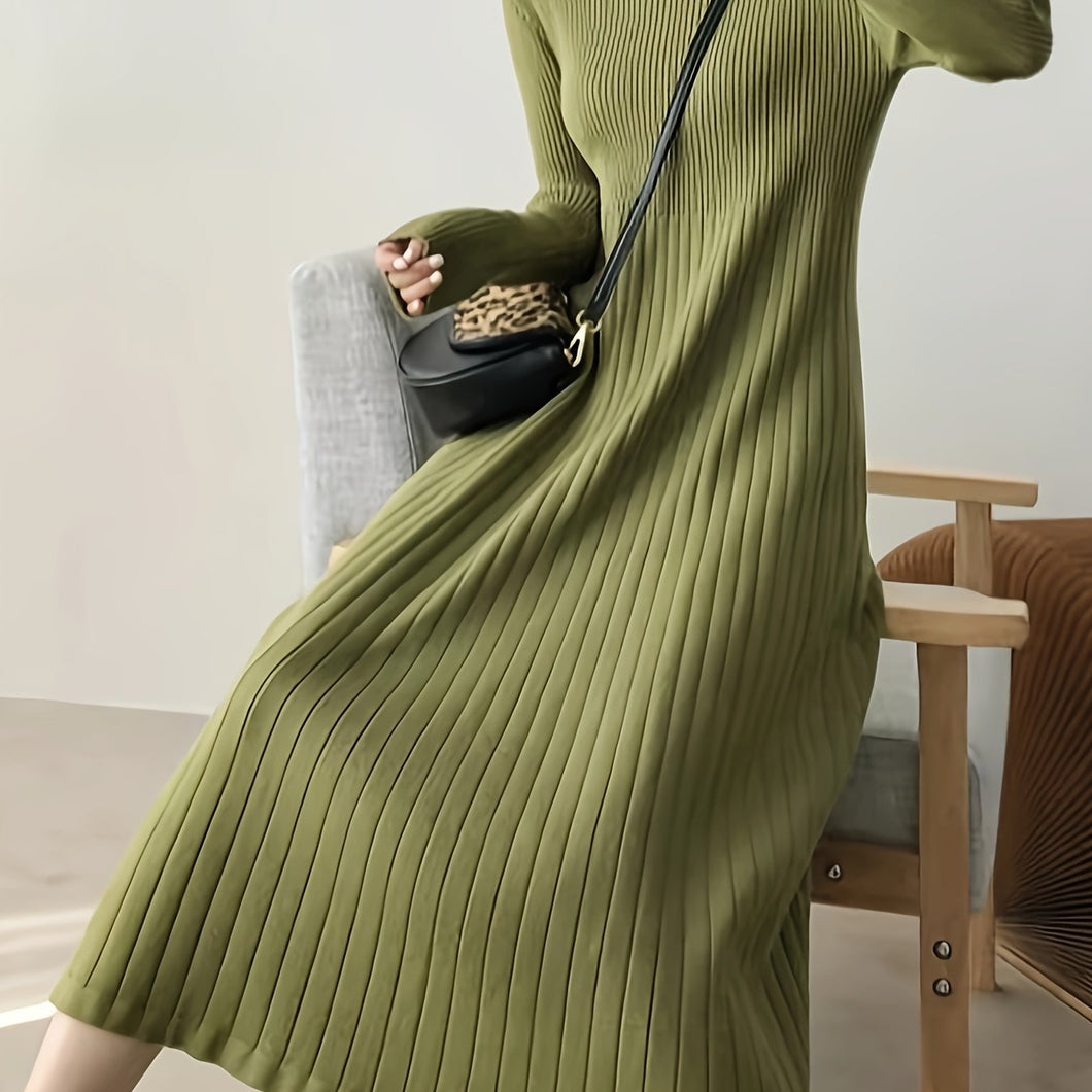 Green Casual Long Sleeve Half Turtleneck Knit Sweater Dress