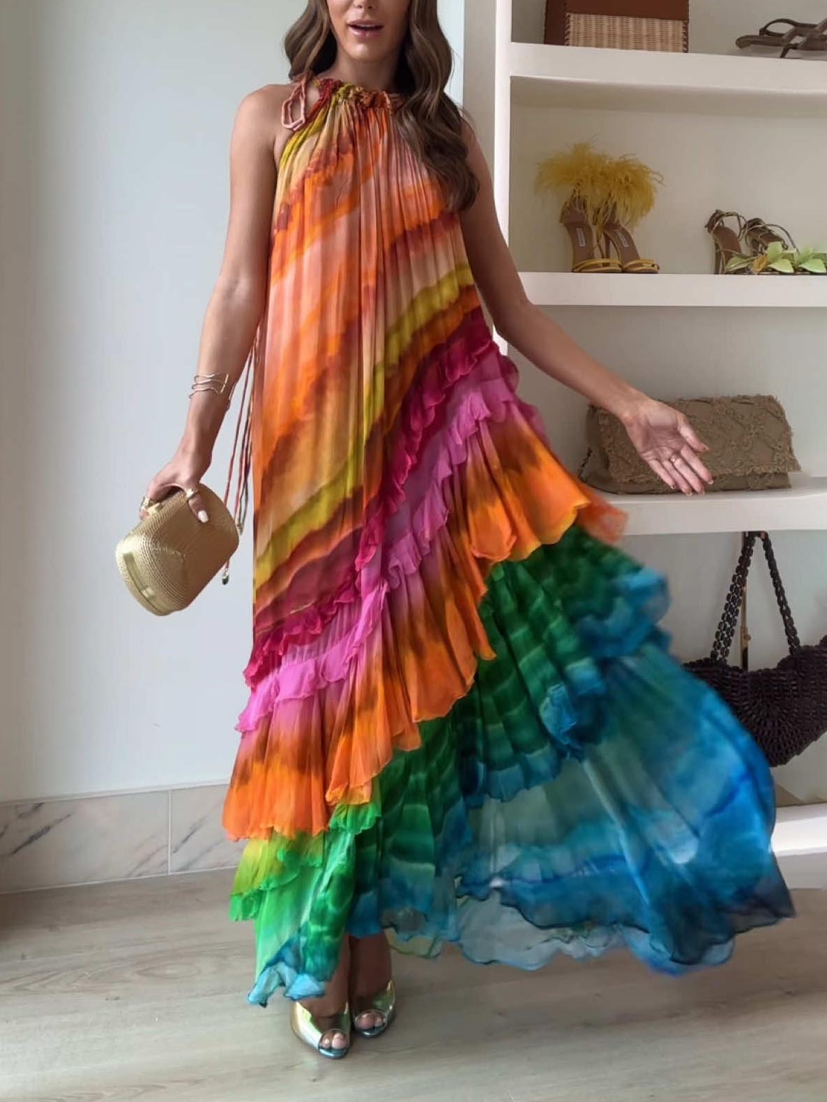 Chic Sleeveless Colorful Ruffled Maxi Dress