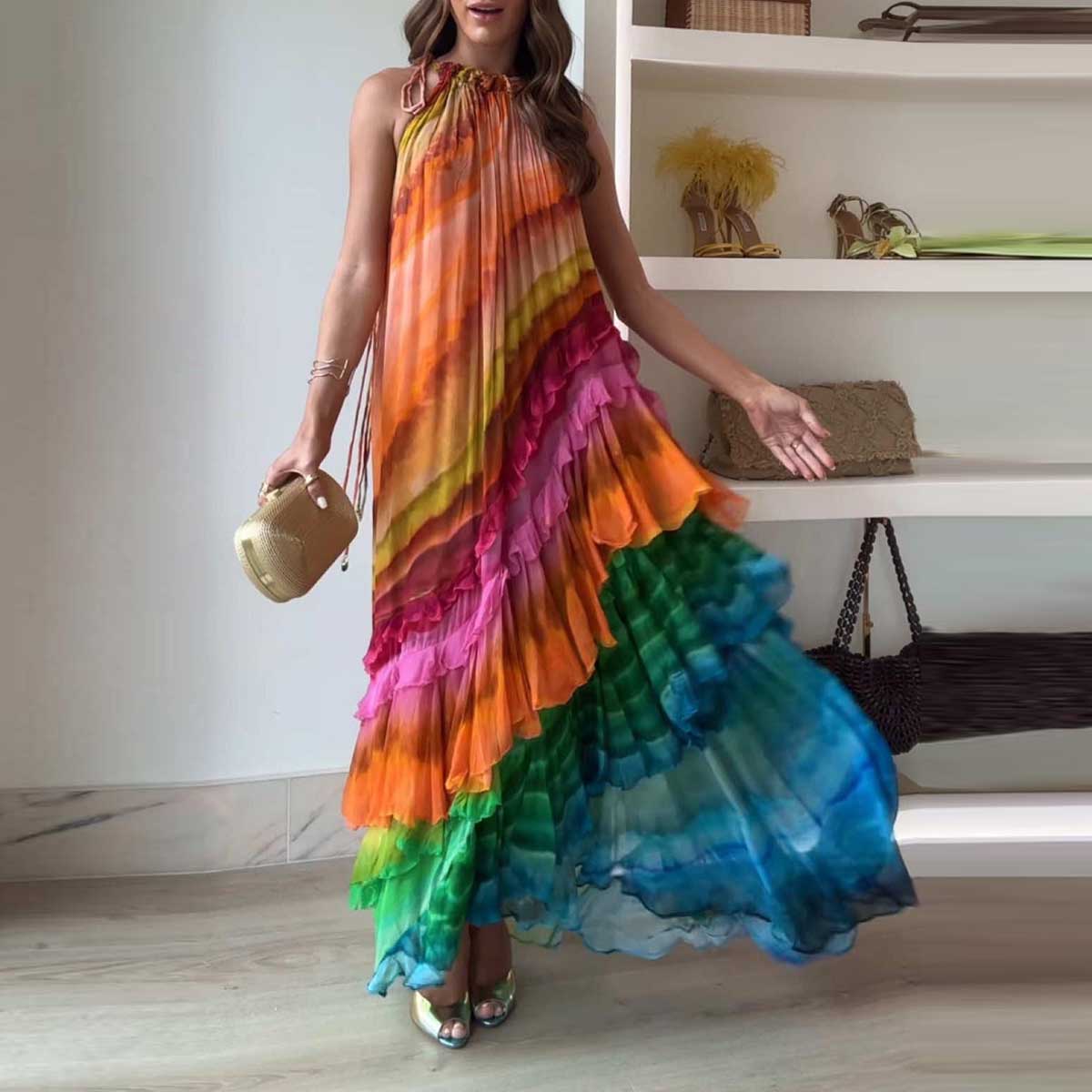 Chic Sleeveless Colorful Ruffled Maxi Dress