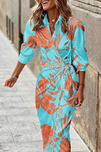 Load image into Gallery viewer, Print Turndown Collar Ruched Shirt Midi Dress
