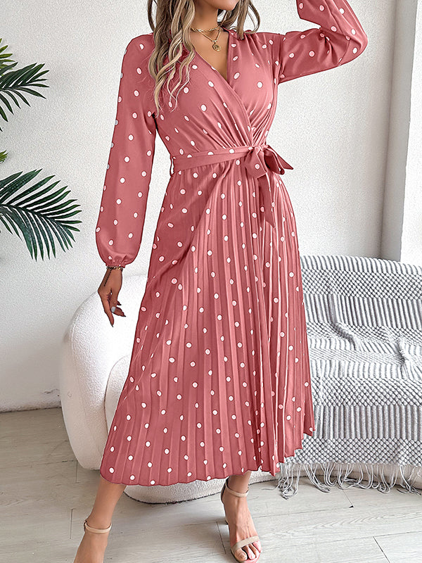 Classic V-neck Long Sleeves Polka Dots Print Midi Dress