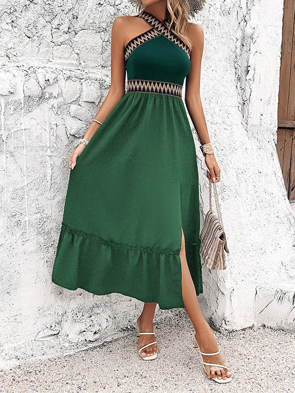 Embroidered Sleeveless Loose Halter-Neck Split Side Midi Dress