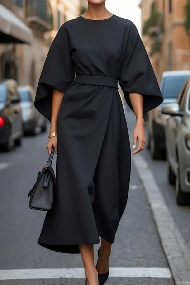 Elegant O Neck Long Sleeves Ruched Midi Dress