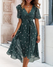 Load image into Gallery viewer, Dark Green Print Short Sleeve Midi Dress
