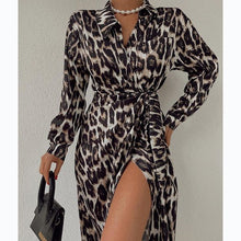 Load image into Gallery viewer, Leopard Print Long Sleeves Ruched Wrap Split Front Midi Dress
