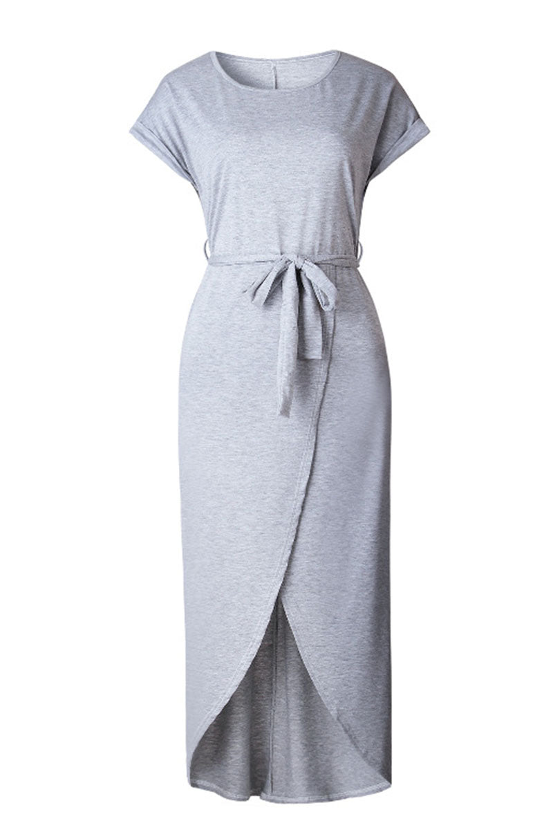 Casual Round Neck Irregular Ruched Slit Front Midi Dress