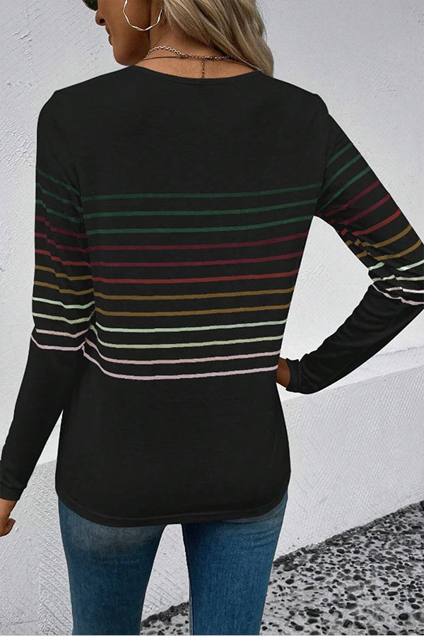 Black Striped Round Neck Long Sleeve Sweater