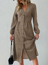 Load image into Gallery viewer, High Waisted Buttoned Leopard V-Neck Long Sleeve Midi Dress
