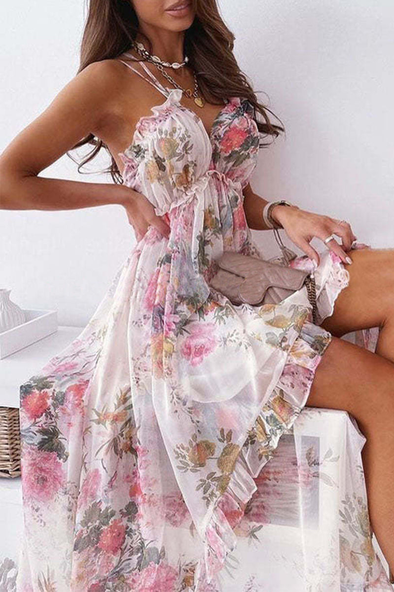 Sweet Floral Backless V Neck Irregular High Low Midi Dress