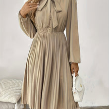 Load image into Gallery viewer, Elegant Beige Tie Neck Pleated Long Sleeve Midi Dress
