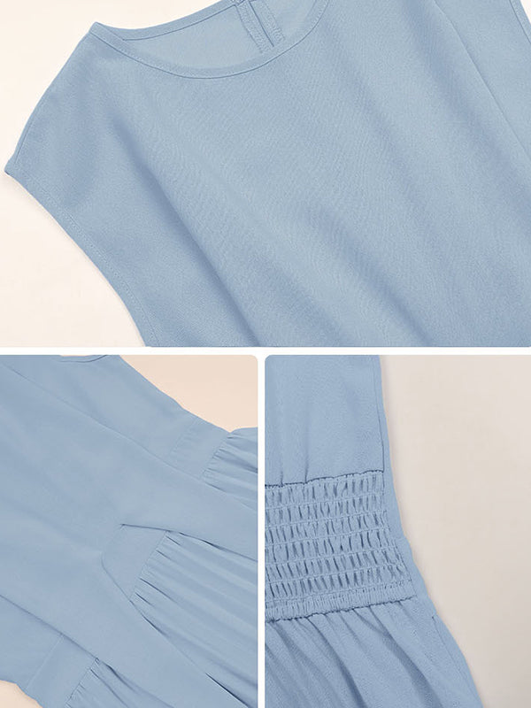 Blue Round Neck Sleeveless Pleated Midi Dress