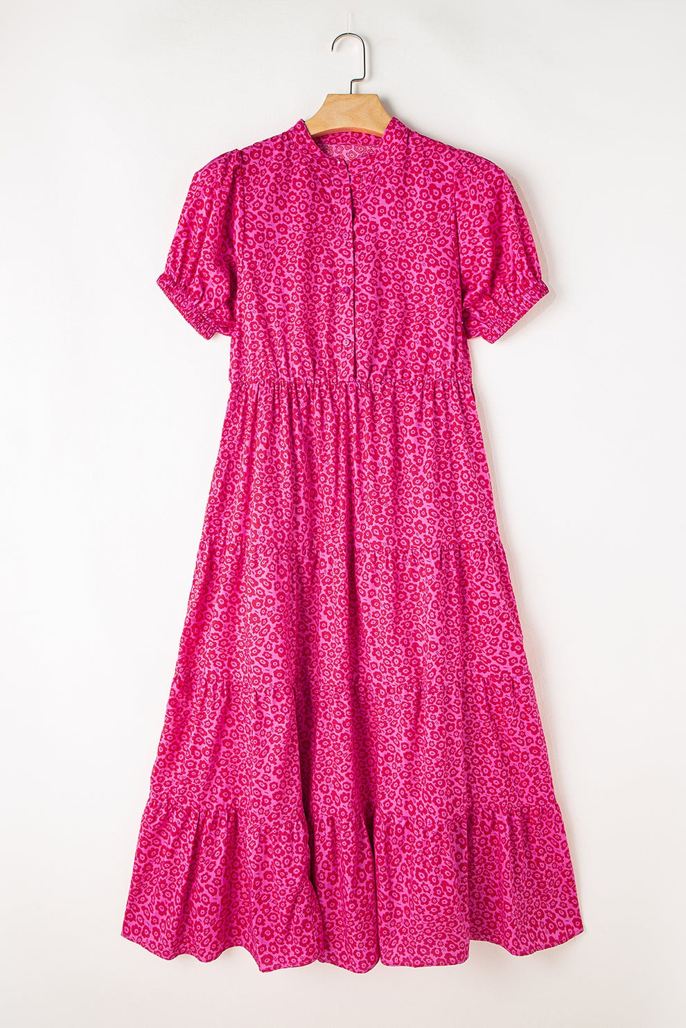 Hot Pink Floral Mock Neck Puff Sleeve Tiered Midi Dress