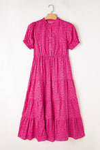Load image into Gallery viewer, Hot Pink Floral Mock Neck Puff Sleeve Tiered Midi Dress
