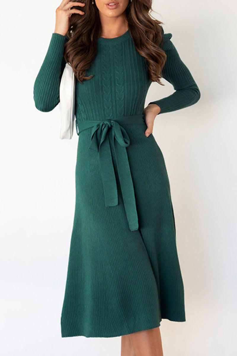Casual Round Neck Tied Waist Long Sleeves Midi Sweater Dress
