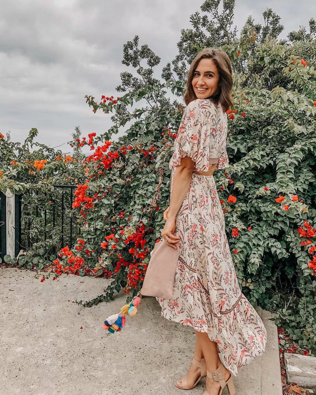 Boho Beige Floral Print High Low Dress