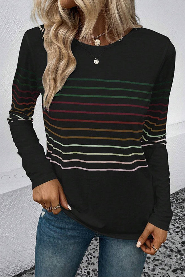 Black Striped Round Neck Long Sleeve Sweater