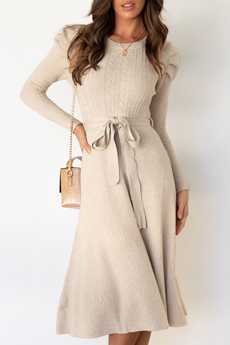 Casual Round Neck Tied Waist Long Sleeves Midi Sweater Dress