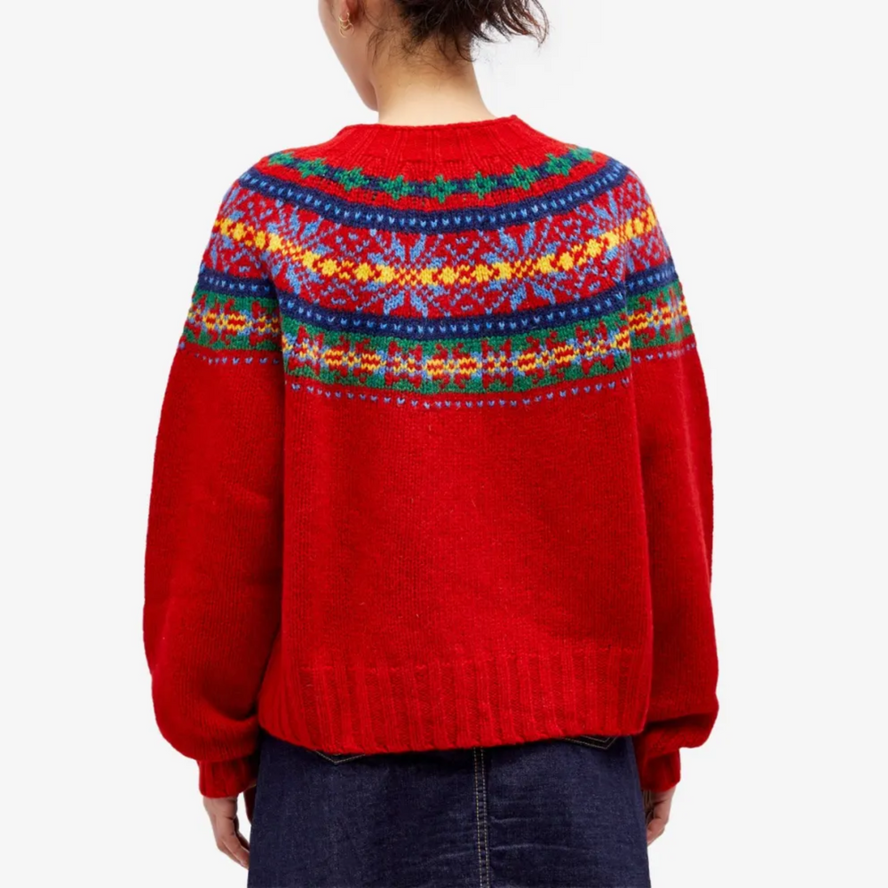 Red Jacquard Loose Pullover Crew Neck Sweater