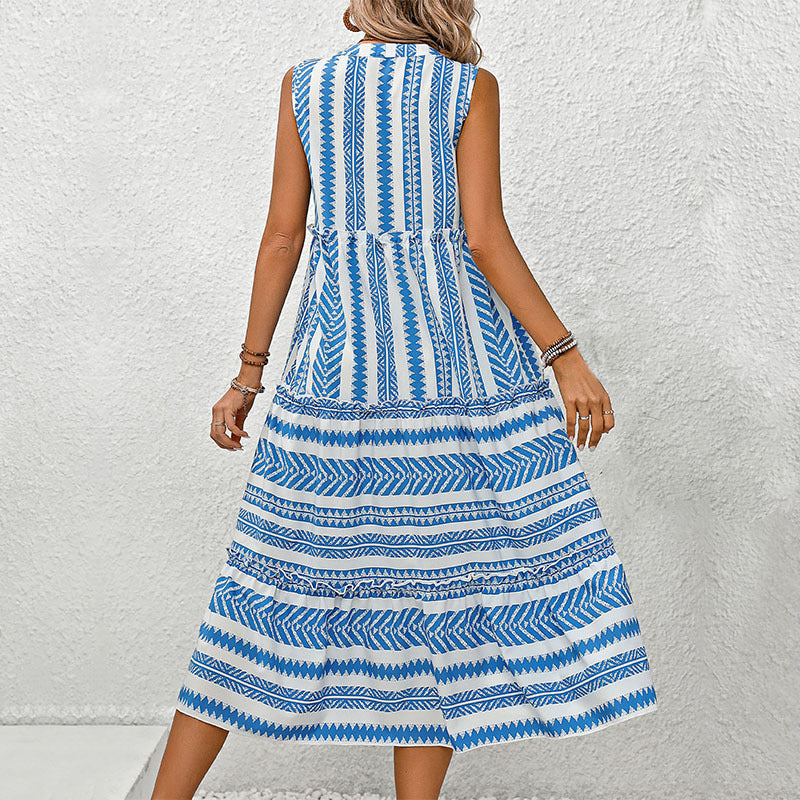 Casual Bohemian Geometric Print Sleeveless Tiered Midi Dress
