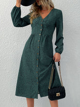 Load image into Gallery viewer, High Waisted Buttoned Leopard V-Neck Long Sleeve Midi Dress
