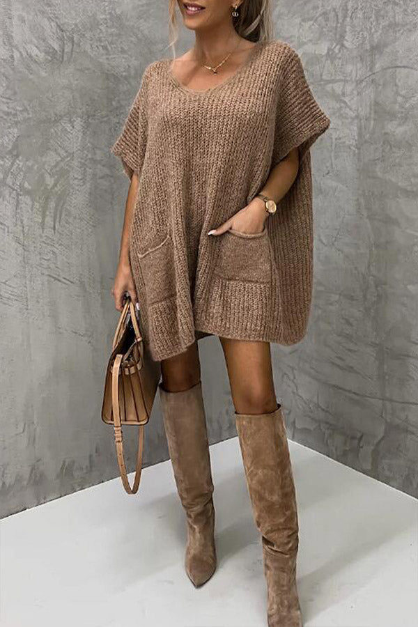 Casual Solid Pocket Short Sleeve Sweater Top